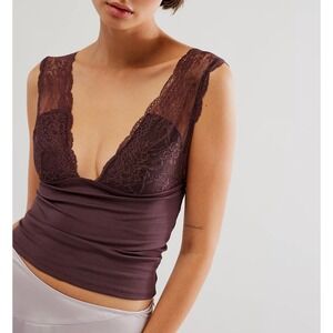 NWT Intimately Free People Cami Top Lace Plunge Low Back‎ Ribbed Bodice Cocoa L